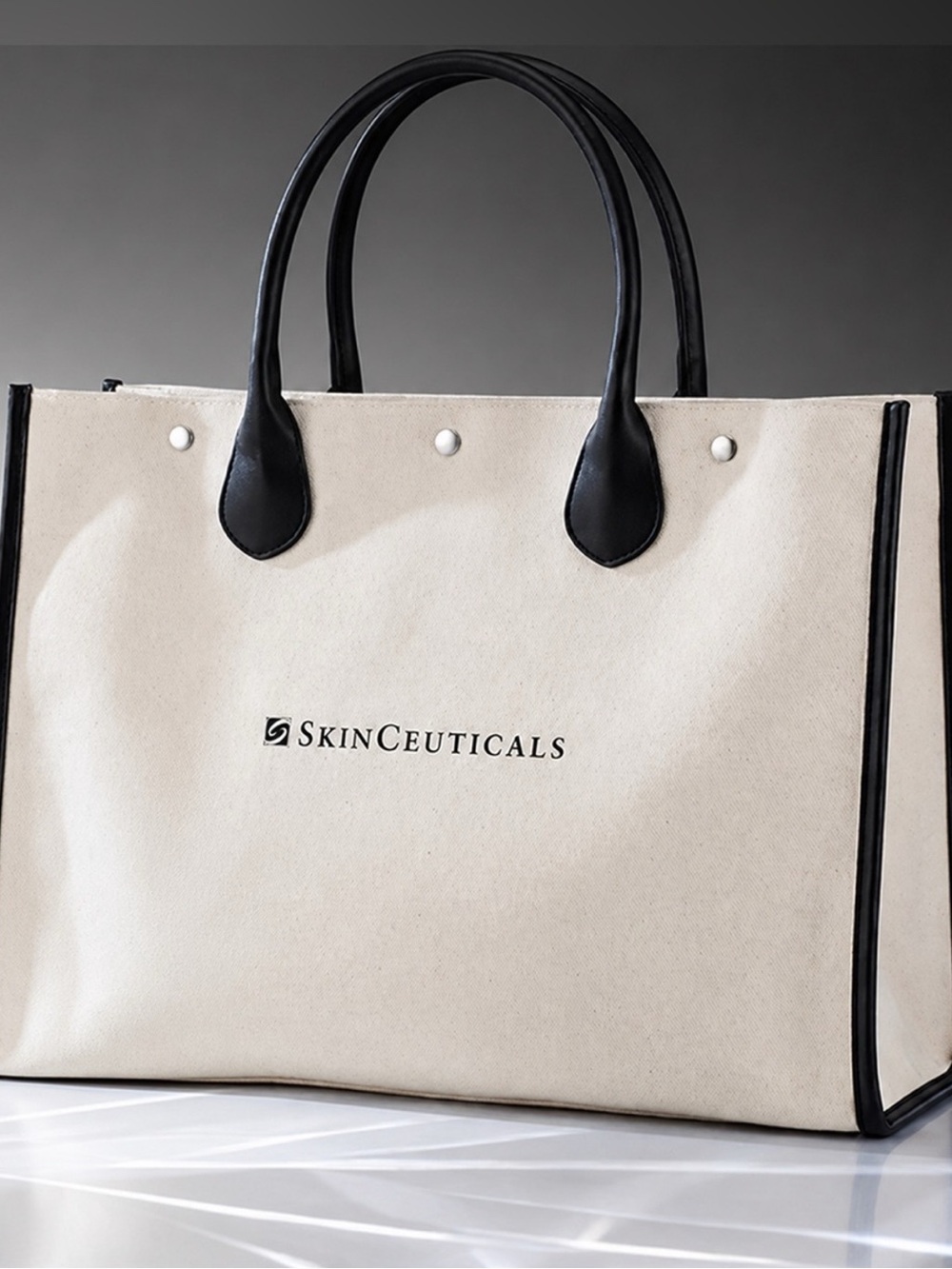 SkinCeuticals Canvas Tote Bag Cream Black 18x13 Zip Pocket Snap Closure NEW